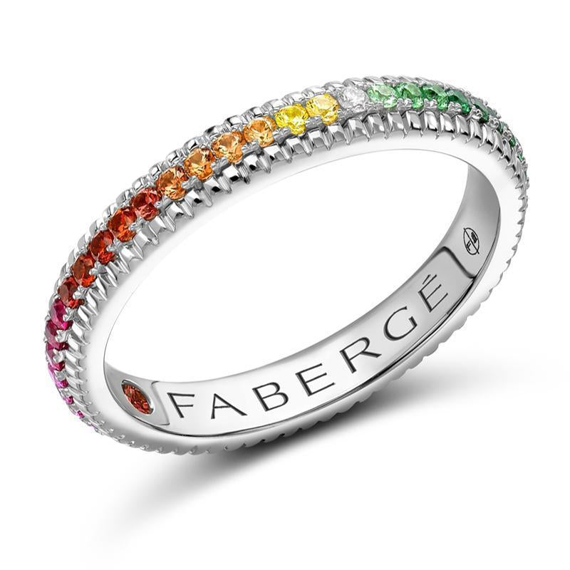 Faberge 18ct White Gold Multicolour Rainbow Fluted Band Ring - 56