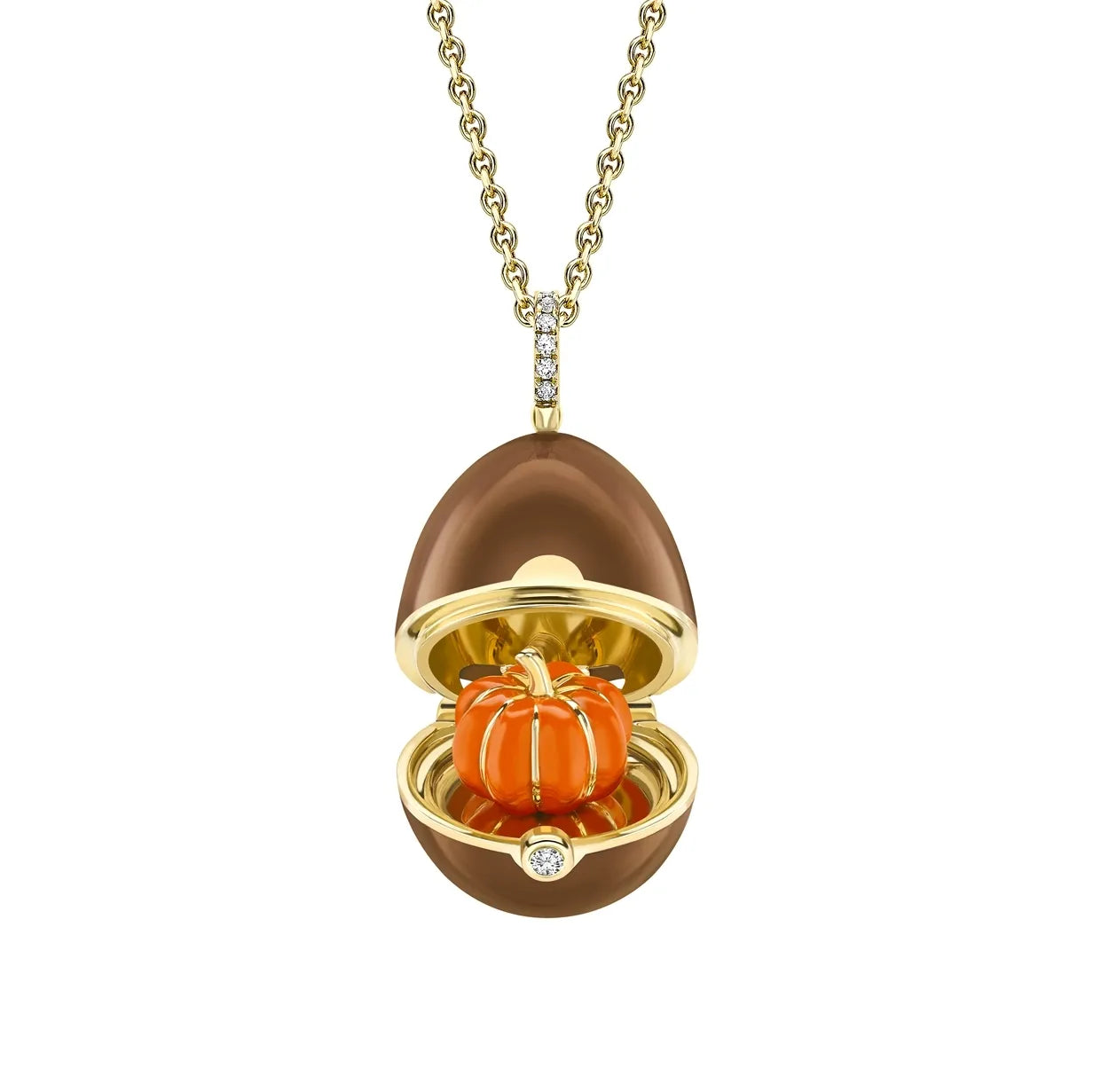 Faberge 18ct Yellow Gold Diamond Brown Lacquer Pumpkin Surprise Locket - Yellow Gold
