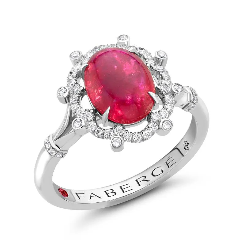Faberge Bijoux 18ct White Gold Ruby Diamond Ring - 56