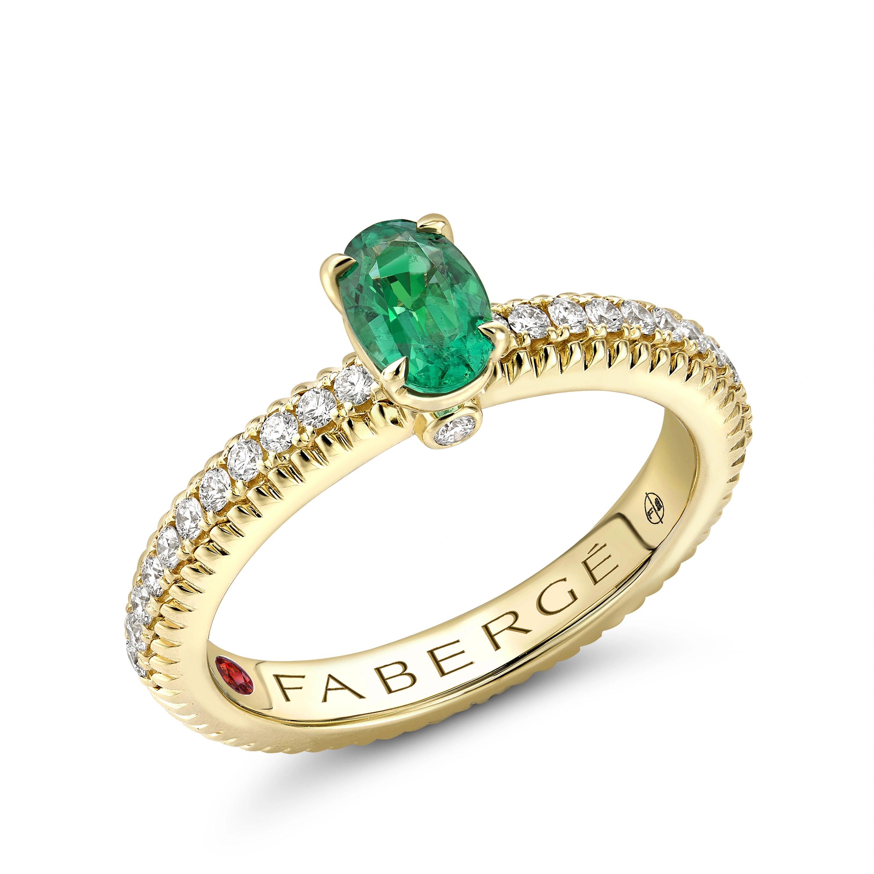 Faberge Colours Of Love 18ct Yellow Gold Emerald Diamond Shoulder Set Fluted Ring - 56