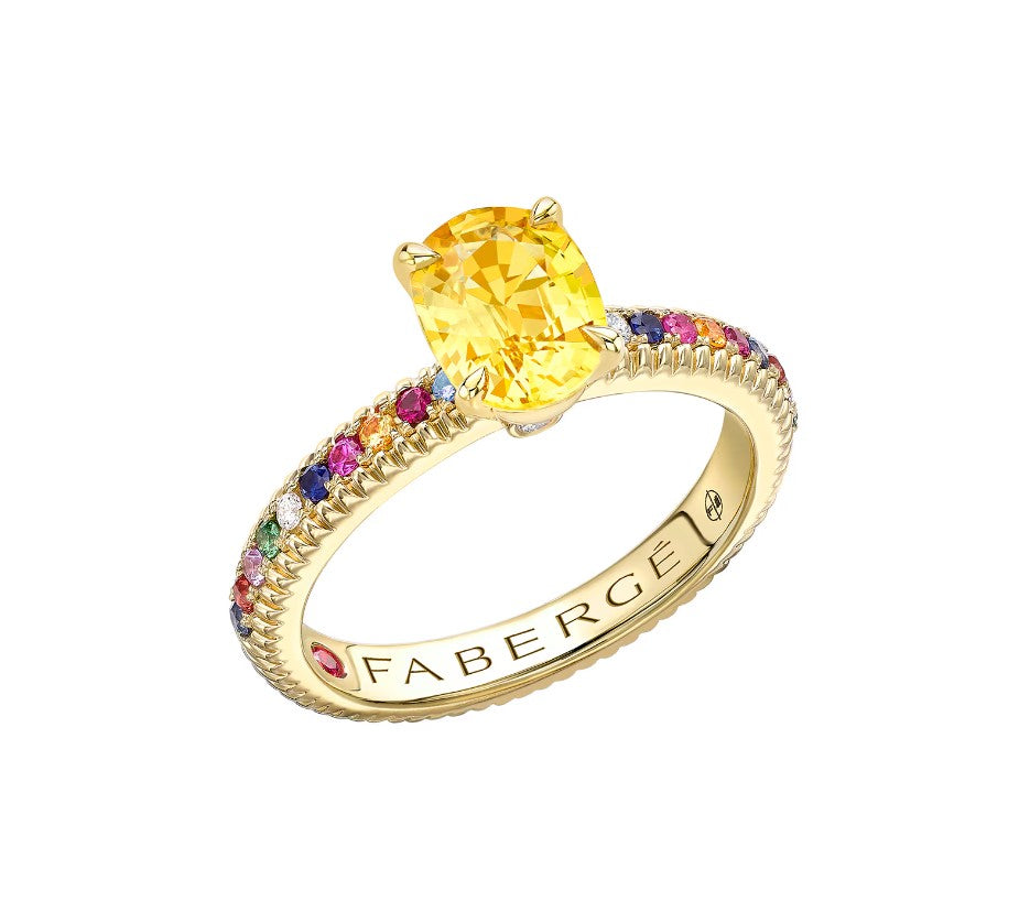 Faberge Colours Of Love 18ct Yellow Gold Oval Yellow Sapphire Multi Gemstone Fluted Ring - 56