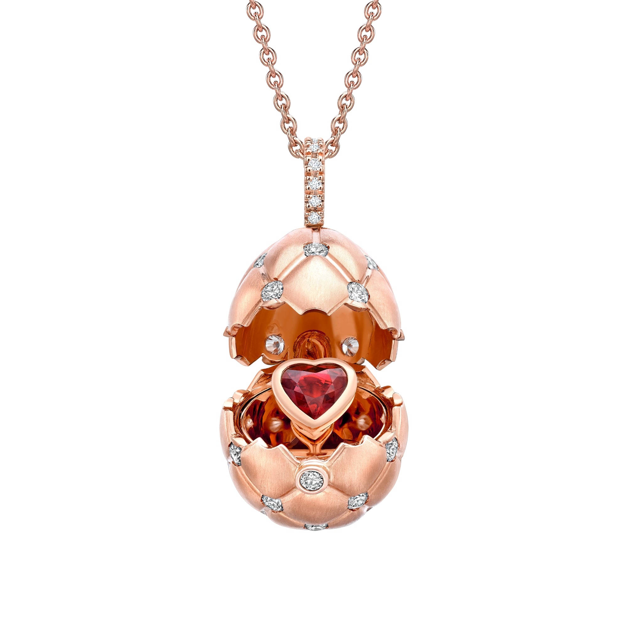Faberge Treillage 18ct Rose Gold Diamond Ruby Heart Surprise Egg Pendant - Rose Gold