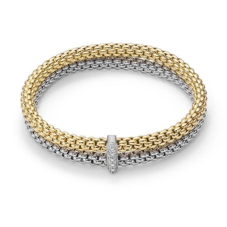 Fope Flex'it Solo 18ct White Yellow Gold 0.22ct Diamond Double Bracelet - Xs