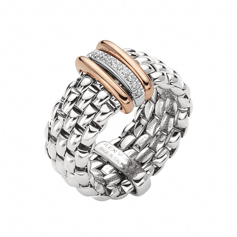 Fope Panorama 18ct White Gold 0.08ct Diamond Rose Gold Rondelle Ring - L