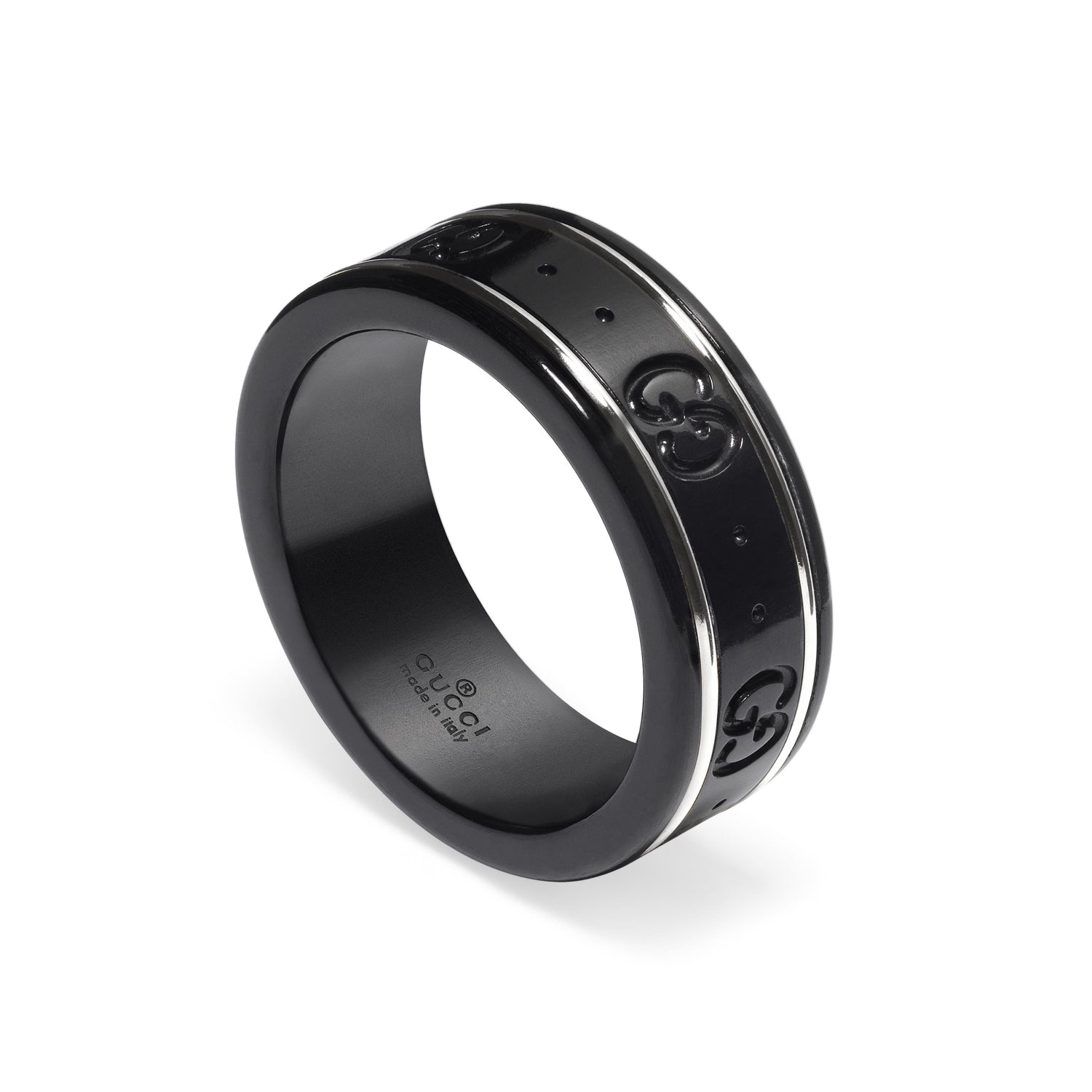 Gucci Icon 18ct White Gold Black Synthetic Corundum Thin Band Ring - T.5