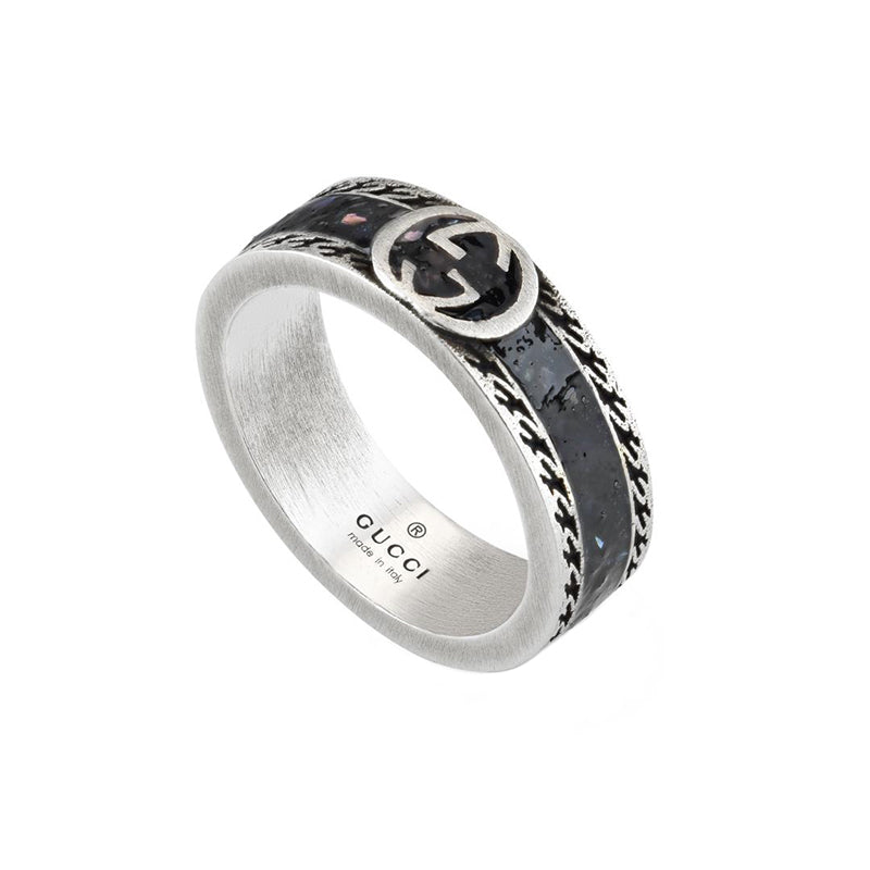 Gucci Interlocking Sterling Silver Black Enamel Band Ring - P