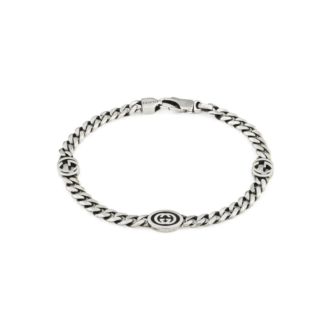 Gucci Interlocking Sterling Silver Black Enamel Chain Bracelet - 16cm