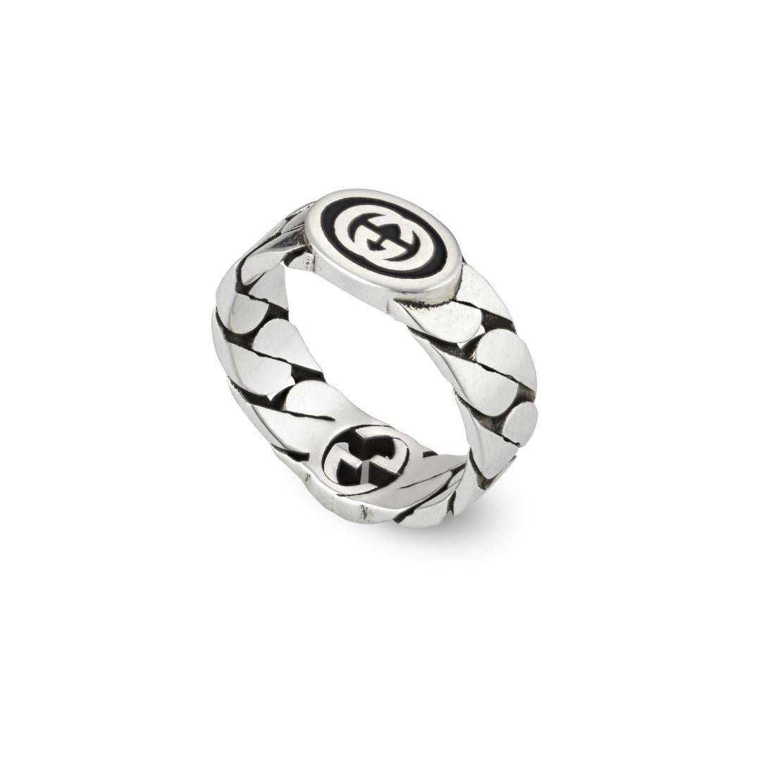 Gucci Interlocking Sterling Silver Black Enamel Wide Band Ring - L