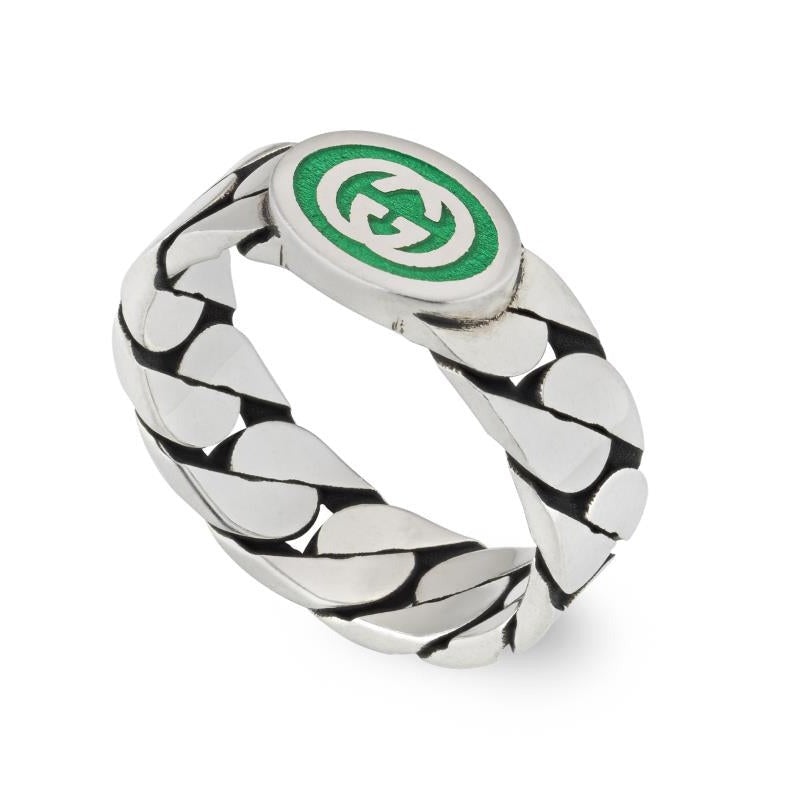 Gucci Interlocking Sterling Silver Green Enamel Band Ring D - X