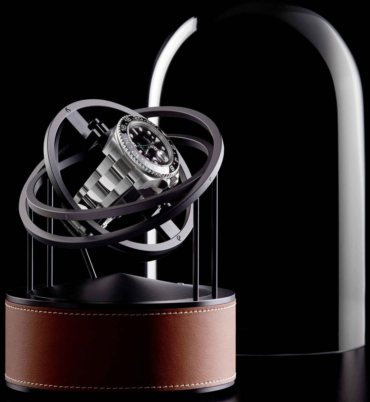 Bernard Favre Watch Winder Planet Double Axis Brown Leather Base White Stitch