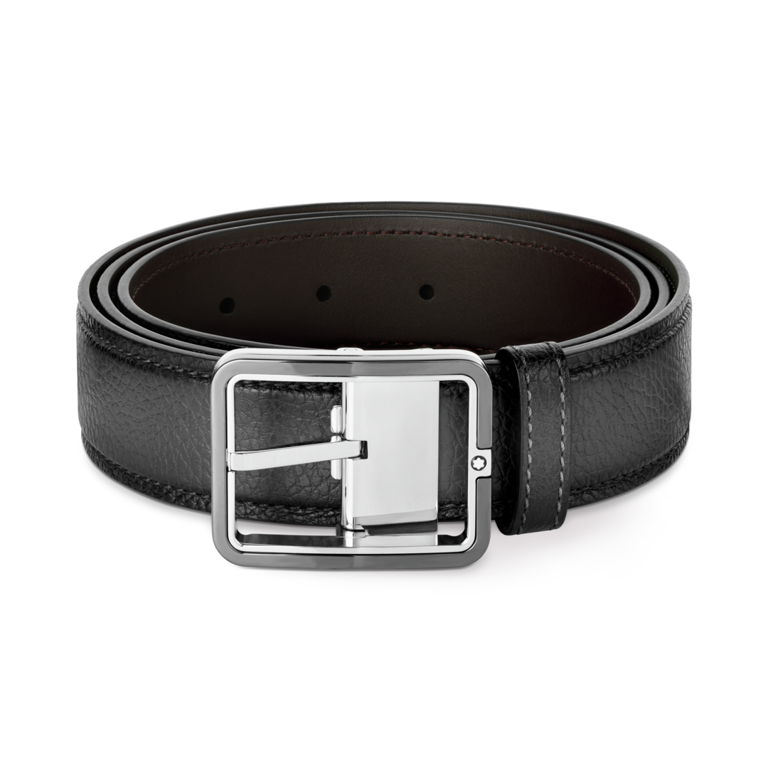 Montblanc 35mm Rectangular Frame Shiny Palladium Leather Belt Grey