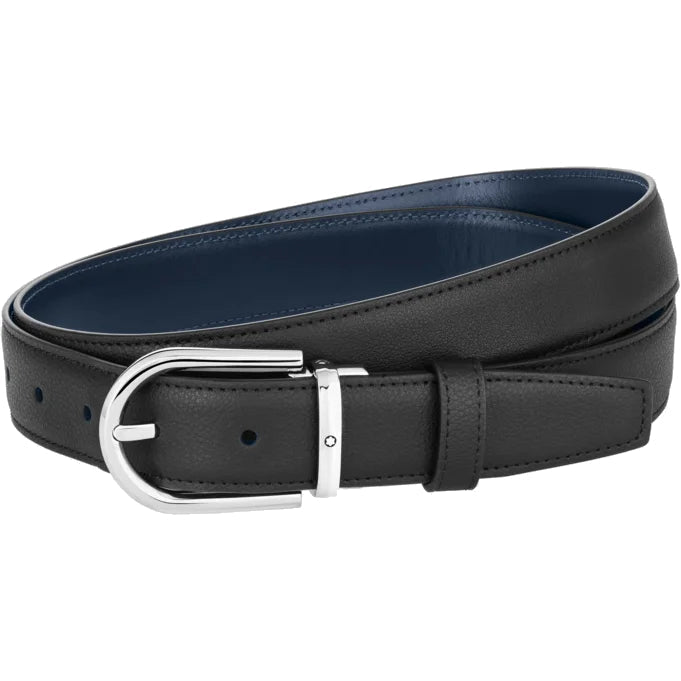 Montblanc Belt Horseshoe Buckle 30mm Reversible Leather Black Blue - Black
