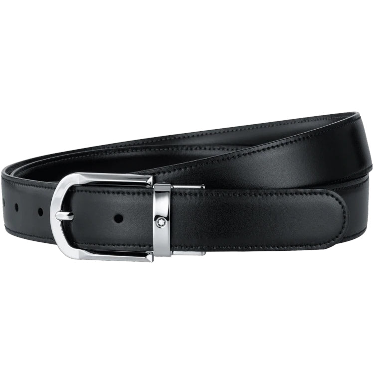 Montblanc Belt Revolving Rounded Horseshoe Shiny Palladium Coated Pin Buckle Black Brown - Black