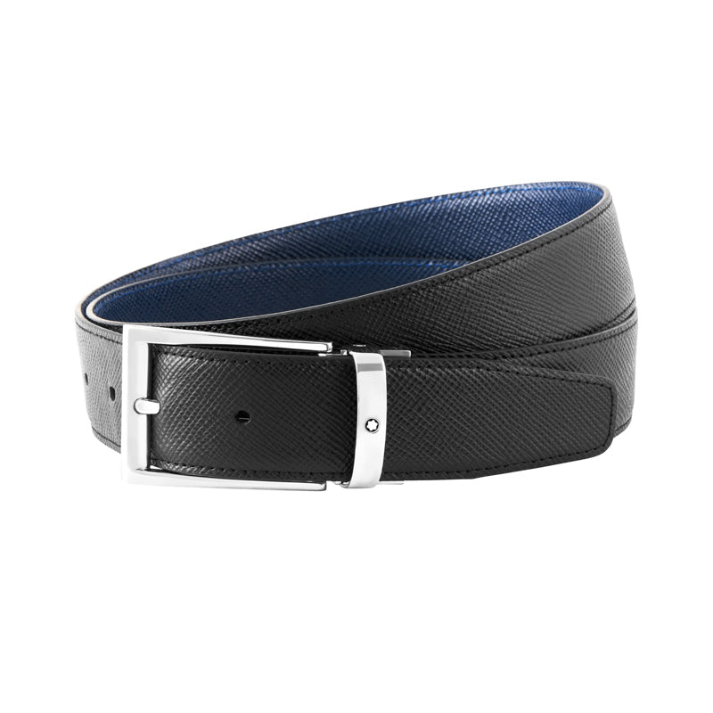 Montblanc Belt Trapeze Buckle Black Blue 35mm Reversible Leather - Silver