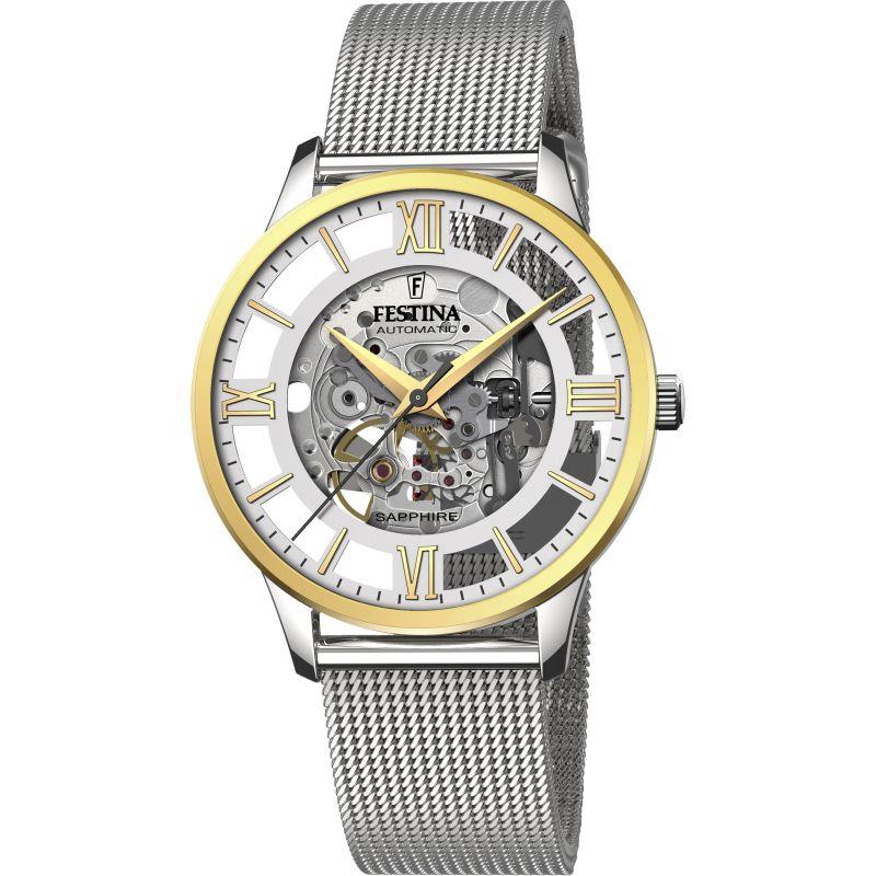 Festina F20537/1 Silver Automatic Skeleton Mens Watch