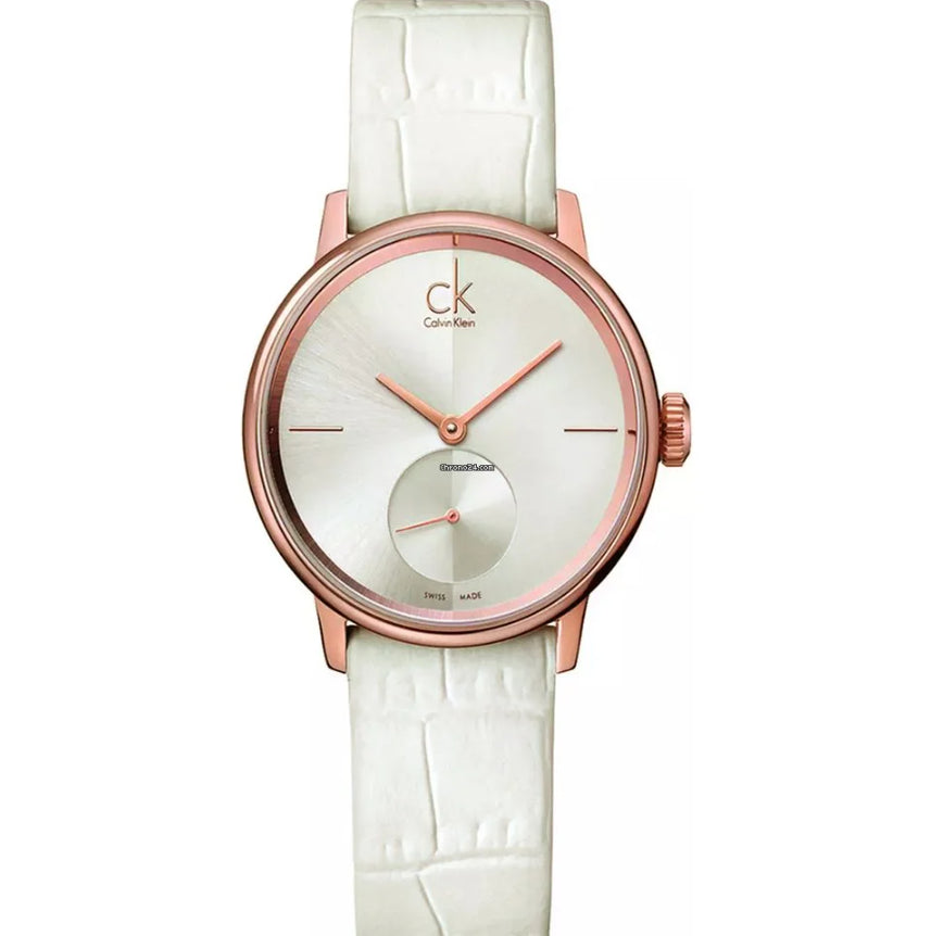 Calvin Klein K2y236k6 Accent Silver Dial White Leather Womens Watch